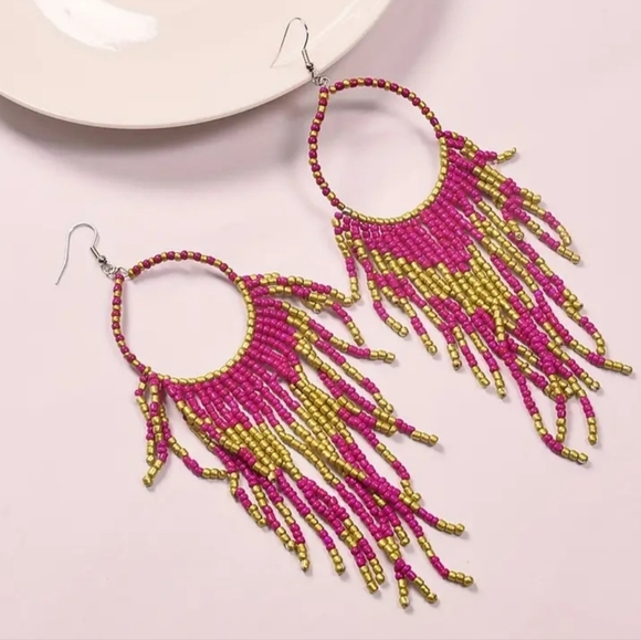2/$40 NEW Western Purple,Red Gold Beaded Fringe Preppy Hippie Earrings-(#0110) - Picture 3 of 6